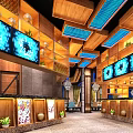 Modern Restaurant Interior Design With Wooden Ceiling Blue Accents Large Screens And Decorative Plants