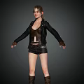 Woman Wearing Black Leather Jacket Brown Vest Black Shorts And Brown Boots With Arms Outstretched