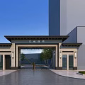 Traditional Chinese Style Entrance Gate With Roof Structure And Tall Buildings Around Plaza