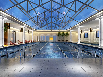 Indoor Swimming Pool With Glass Ceiling Lounge Chairs And Green Plants 3d model