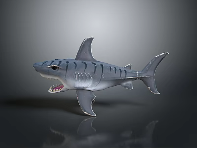 Silver Shark Figurine With Black Stripes Open Mouth And Sharp Teeth 3d model