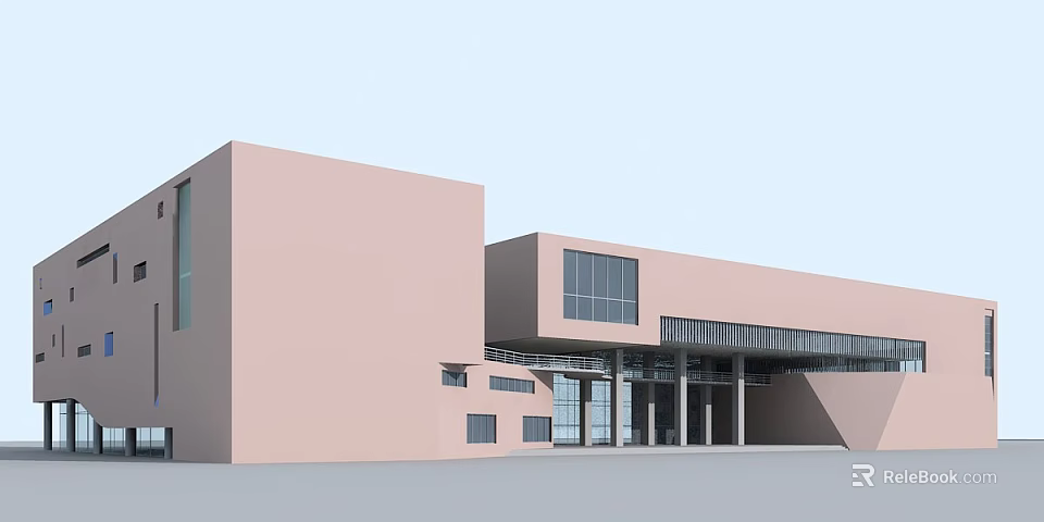 Modern Architectural Building with Pink Facade Large Glass Windows and Multi Level Structure Design 3d model