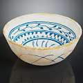 Cream Ceramic Bowl With Yellow Rim And Blue Floral Geometric Patterns