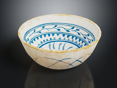Cream Ceramic Bowl With Yellow Rim And Blue Floral Geometric Patterns 3d model