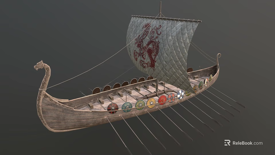 Ancient Viking Ship With Dragon Head Sail Red Pattern Shields And Oars 3d model 