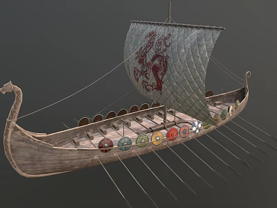 Ancient Viking Ship With Dragon Head Sail Red Pattern Shields And Oars 3d model