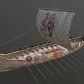 Ancient Viking Ship With Dragon Head Sail Red Pattern Shields And Oars