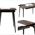 Modern Wooden Desk with Slim Legs Drawer Colored Pencils and Paper