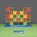 Yellow Cube Structure With Red Patterns On Blue Platform And Small Figures 3d model
