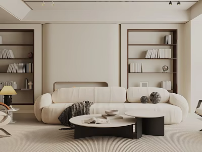 Cozy Modern Living Room Interior Design With Cream Sofa Round Coffee Tables And Wooden Bookshelves 3d model