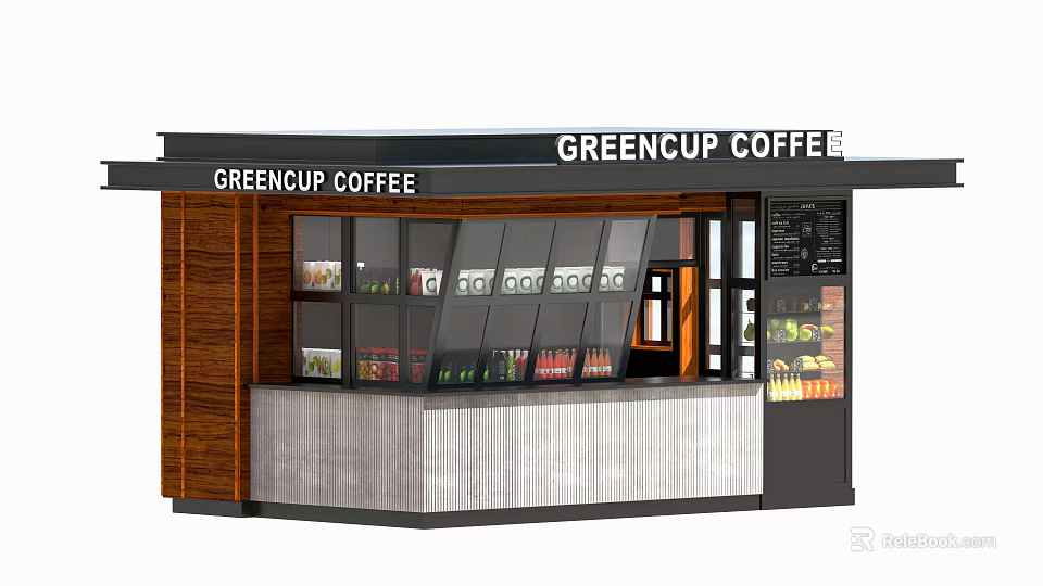 Green Cup Coffee Kiosk With Glass Windows Drinks Display Wood And Concrete 3d model 