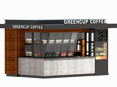 Green Cup Coffee Kiosk With Glass Windows Drinks Display Wood And Concrete 3d model