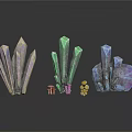 Vibrant Crystal Clusters And Small Mushroom Figurines On Reflective Black Surface