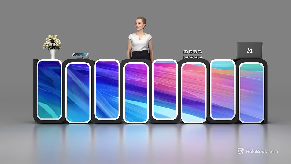 Modern Reception Desk With Vibrant Striped Panels Flower Vase Tablet And Staff Member 3d model 