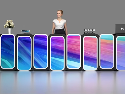 Modern Reception Desk With Vibrant Striped Panels Flower Vase Tablet And Staff Member 3d model