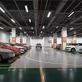 Indoor Modern Parking Garage with Fire Trucks Cars White Floor Markings and Ceiling Lights