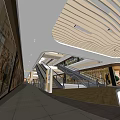 Shopping Mall Lobby Interior Design With Escalator Wooden Slat Ceiling Storefront Windows And Modern Lighting