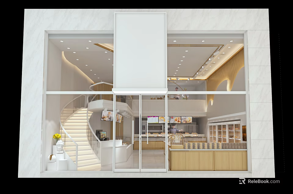 Modern Dessert Shop Interior Design With Glass Facade Spiral Staircase And Wooden Display Cases 3d model 