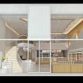 Modern Dessert Shop Interior Design With Glass Facade Spiral Staircase And Wooden Display Cases
