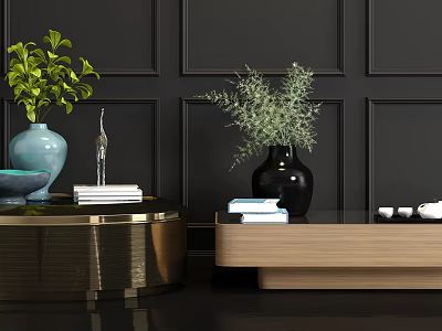 Elegant Side Tables With Golden Round Base Wooden Top Blue Black Vases Green Plants Books 3d model