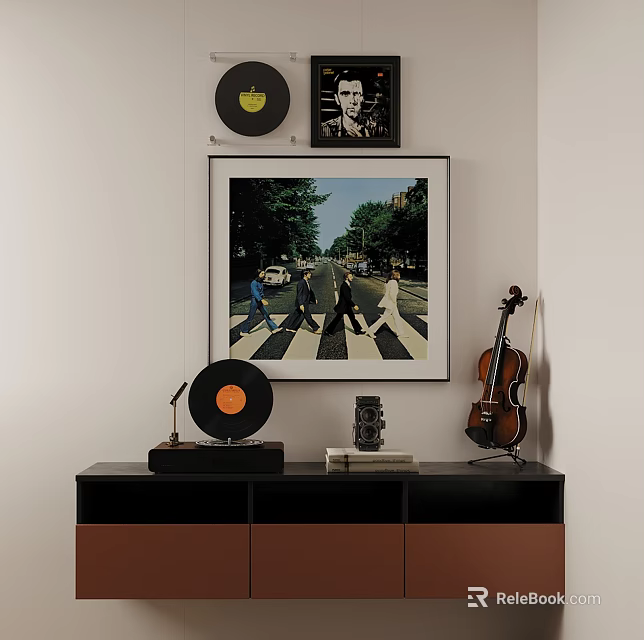 Decorative Ornament Combination With Vinyl Records Framed Art Violin Record Player Vintage Camera And Books 3d model 