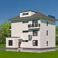 Three Story Detached Villa With White Exterior Balconies Lawn And Swimming Pool