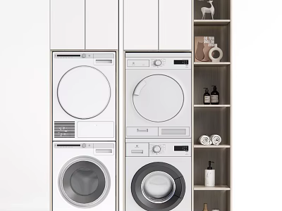 Modern Bathroom Cabinet Rack With Stacked Laundry Machines And Open Shelves 3d model