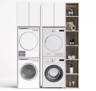 Modern Bathroom Cabinet Rack With Stacked Laundry Machines And Open Shelves 3d model