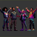 Four People In Colorful Neon Outfits With Arms Outstretched On Reflective Floor Gray Background
