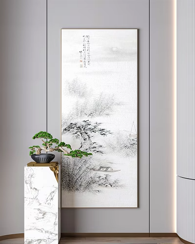 Traditional Chinese Ink Landscape Painting With Mountains River Boat And Pine Trees Hanging In Study 3d model