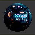 Cartoon Scene of Futuristic Car Showroom with Neon Lights and Sleek Black Sports Car