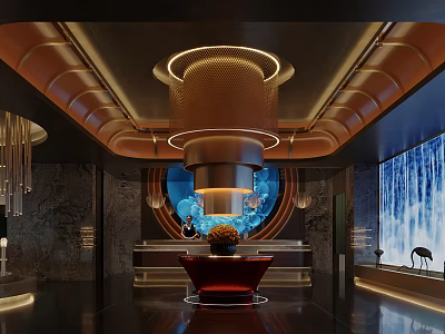 Luxurious Restaurant Interior With Circular Ceiling Design Red Sofa And Waterfall Screen 3d model