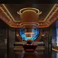 Luxurious Restaurant Interior With Circular Ceiling Design Red Sofa And Waterfall Screen