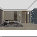 Modern Living and Dining Room Interior with Sofa Coffee Table Bookshelf and Pendant Light