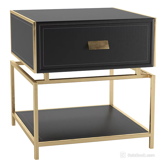 Modern Stylish Bedside Nightstand With Black Drawer Gold Metal Frame And Lower Shelf 3d model 