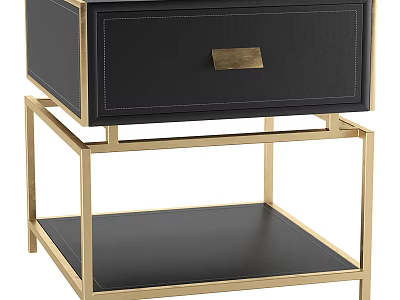 Modern Stylish Bedside Nightstand With Black Drawer Gold Metal Frame And Lower Shelf 3d model