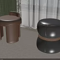 Curved Wooden And Black Leather Rope Wrapped Stools In Indoor Carpeted Space With Curtains