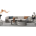 Modern Light Gray Sofa with Round Coffee Table Combination and Decorative Throw Pillows Area Rug 3d model
