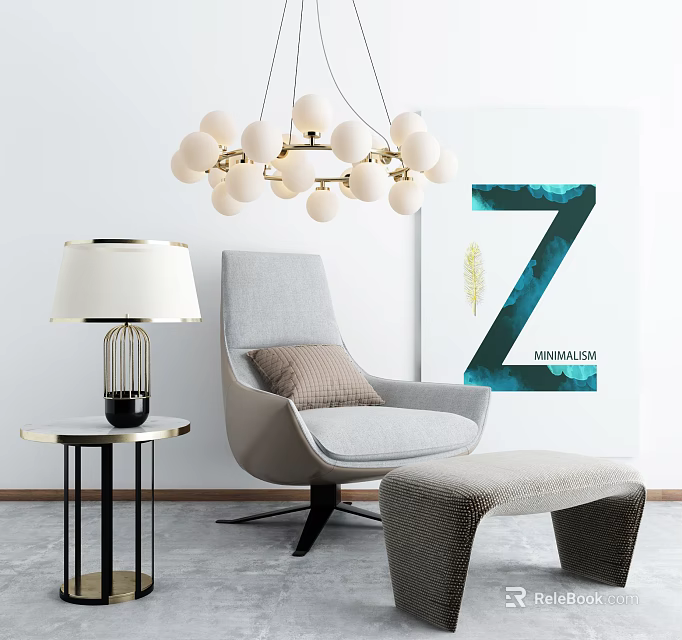 Modern Single Sofa With Ottoman Side Table Lamp And Wall Art Decor 3d model