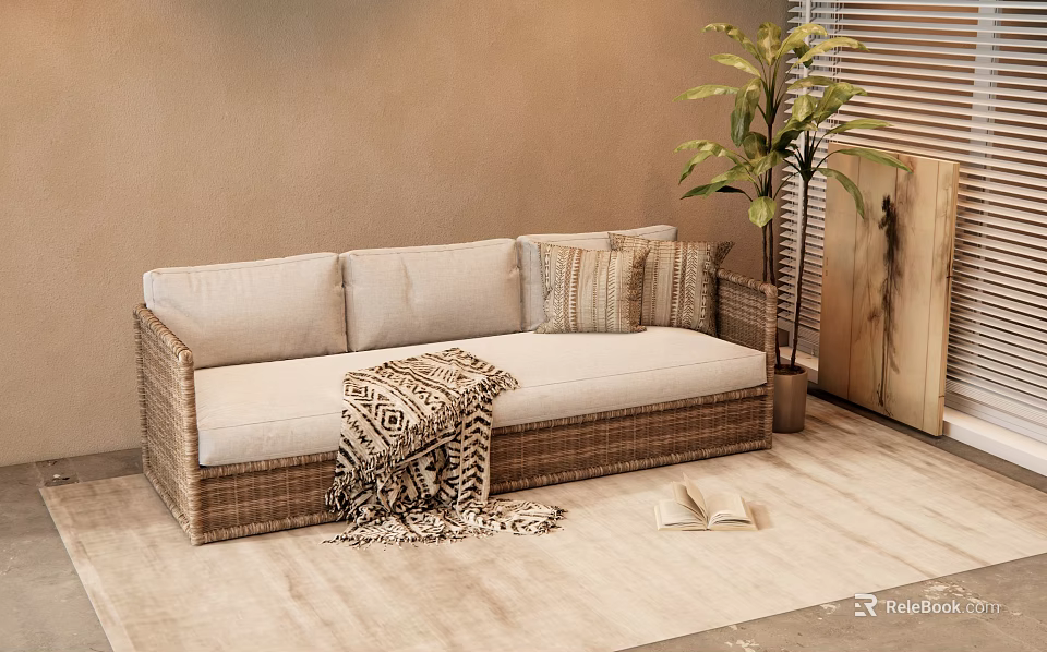 Three Seater Wicker Sofa with Beige Cushions and Throw Blanket on Light Rug and Potted Plant 3d model 