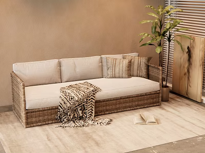 Three Seater Wicker Sofa with Beige Cushions and Throw Blanket on Light Rug and Potted Plant 3d model