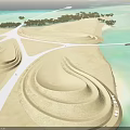 Scenic Island Landscape With Blue Sea White Sand Curved Buildings And Pathways