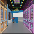 Fun Amusement Park Featuring Neon Sign Claw Machines Counter And Blue Pink Decor