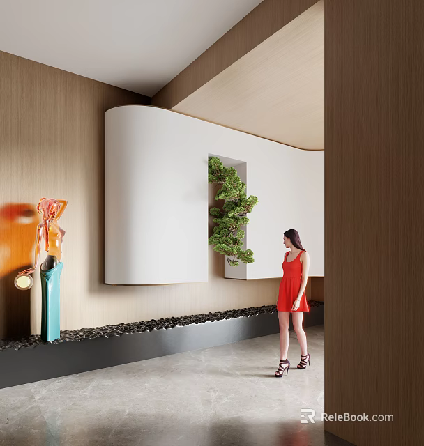 Hotel Corridor Featuring Woman In Red Dress Wooden Walls White Curved Structure Green Plants Artwork 3d model 