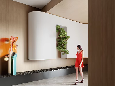 Hotel Corridor Featuring Woman In Red Dress Wooden Walls White Curved Structure Green Plants Artwork 3d model