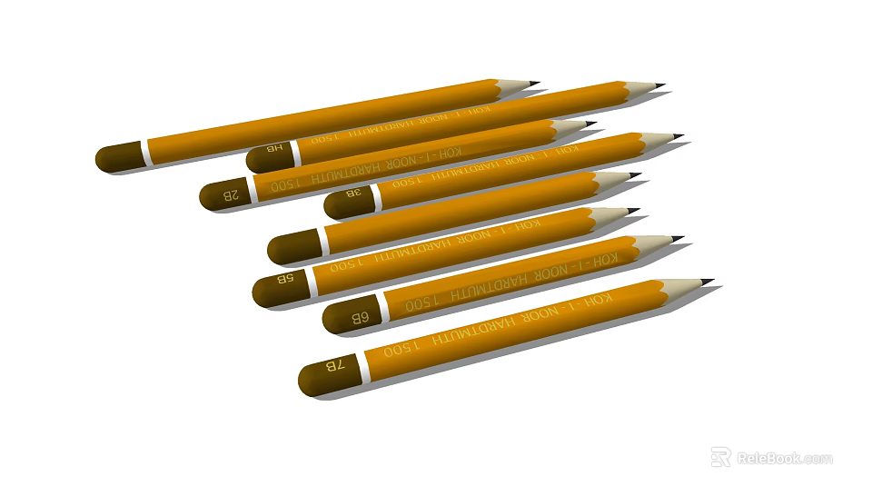 Yellow Wooden Pencils With Assorted Hardness Grades And Brown Tipped Ends 3d model 