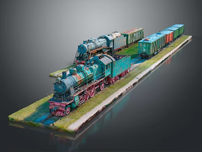 Vintage Steam Train Model with Green and Red Carriages on Railway Track 3d model