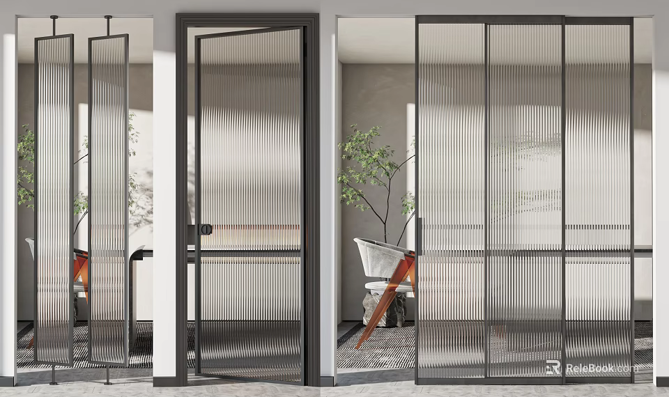 Modern Sliding Doors With Ribbed Glass And Metal Frame For Interior Design 3d model 