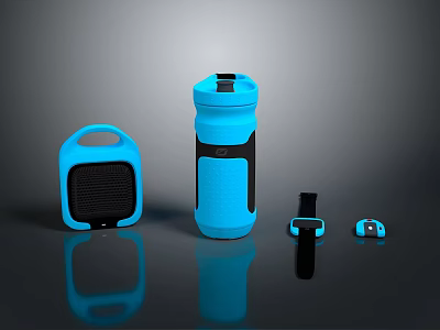 Blue Household Essentials Including Water Bottle Portable Fan And Small Accessories 3d model