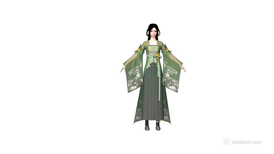 Woman Wearing Traditional Green Dress With Floral Patterns Wide Sleeves And Long Skirt 3d model 